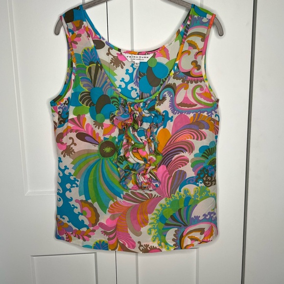 Trina Turk 100% Silk Vibrant Floral Boho Sleeveless Blouse Women's Size Large - Picture 1 of 5